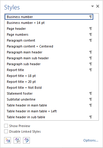 Image shows the Styles options available in Microsoft Word.